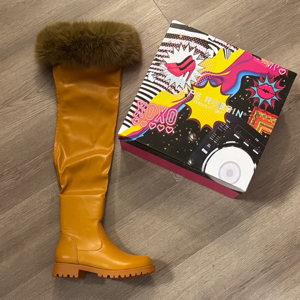 Cape Robbin ❣️Meghani Fur-Coated Over-the-Knee Boots - Tan Sz 5 ❣️BRAND NEW ❣️